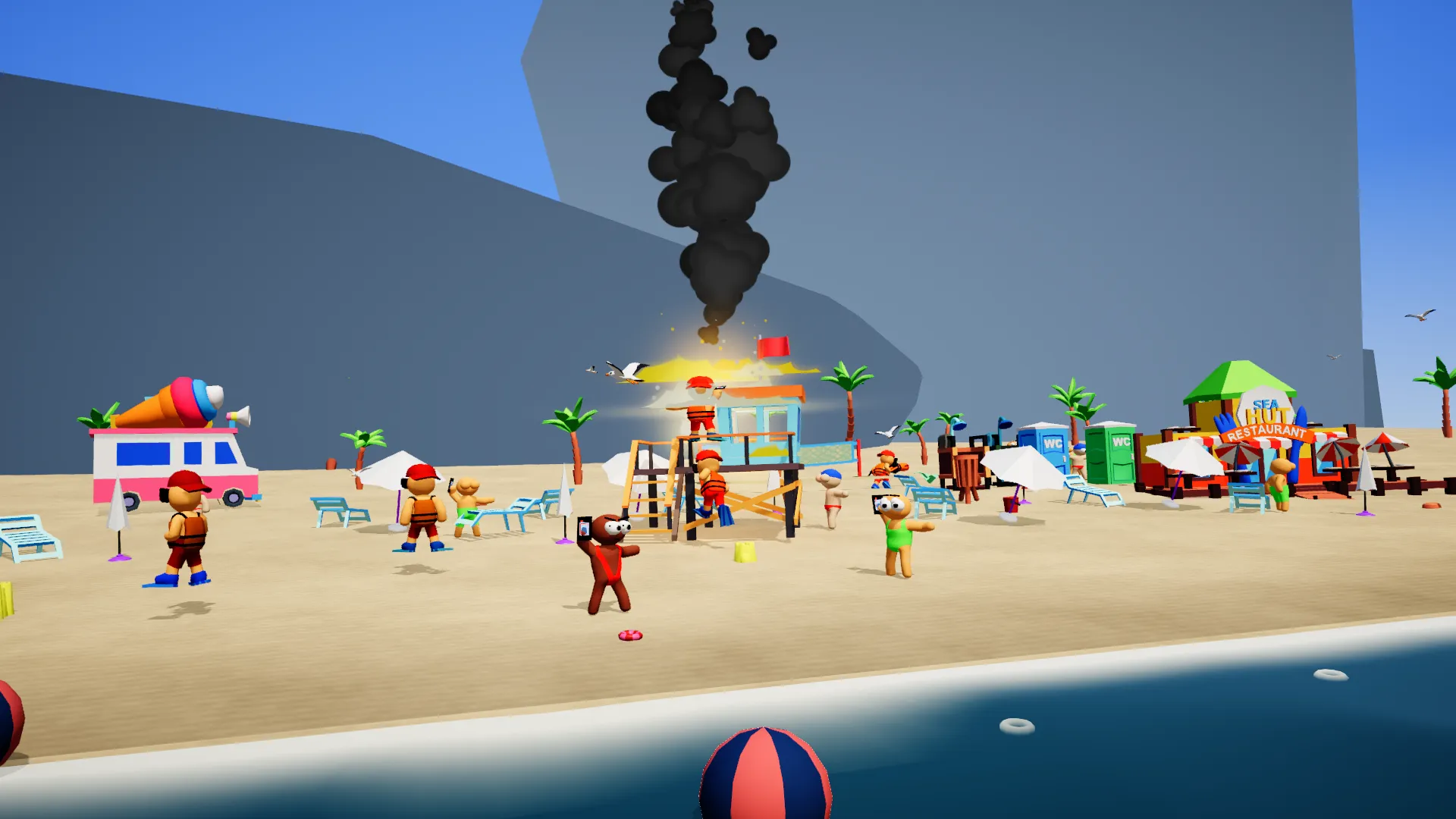 The lifeguard tower at midday, already on fire